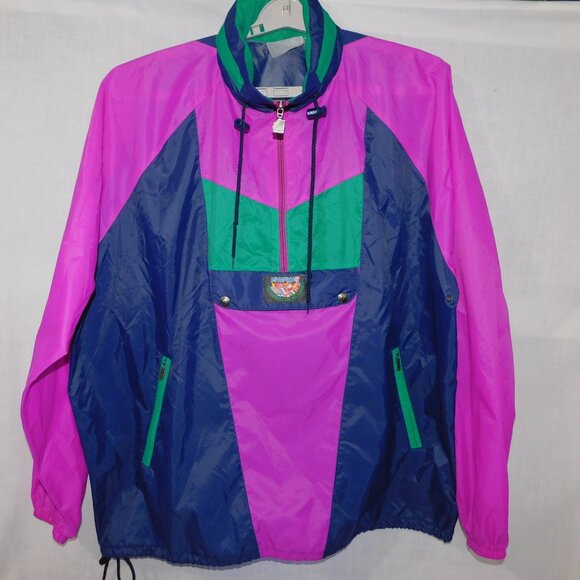 VTG Mens XXL Pink Purple Teal 1/2 Zip Pullover K-Way Windbreaker jacket packable - Picture 1 of 15
